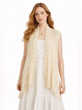 Rebecca Elliot Cottagecore Boho Tan Crochet Knit Open Front Vest Cardigan Small